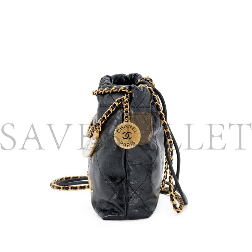 Ch*el master shiny crumpled calfskin quilted pearl mini Ch*el 22 black as3980 (20*19*6cm)